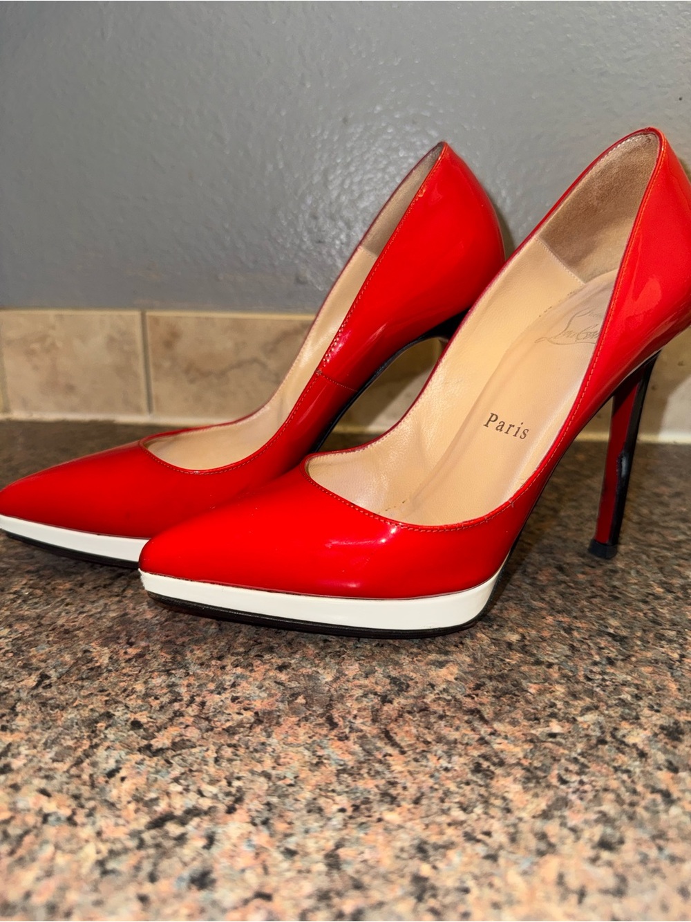 Christian Louboutin Red Patent Leather Pointed Toe Pumps with White Platform
